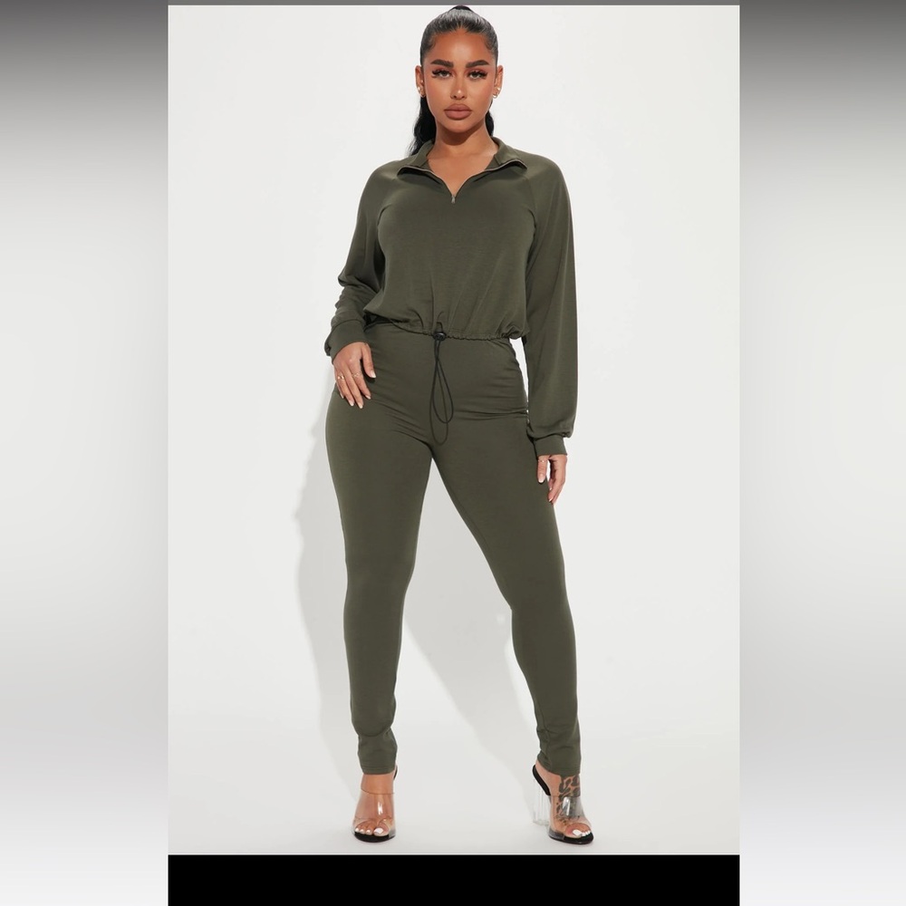 Fashion Nova Figure It Out Legging & Long Sleeve Shirt Top Set Olive Green Large